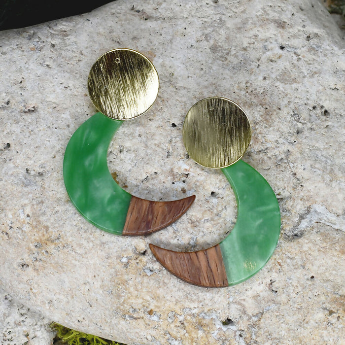 Wood Dangle Earrings with Moon Resin #467