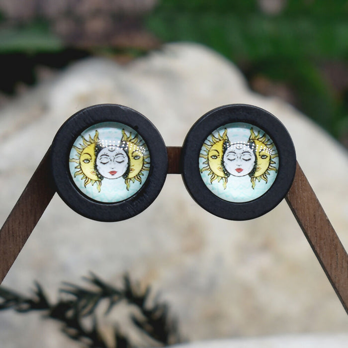Wood Stud Earrings With Glass Cabochon #217