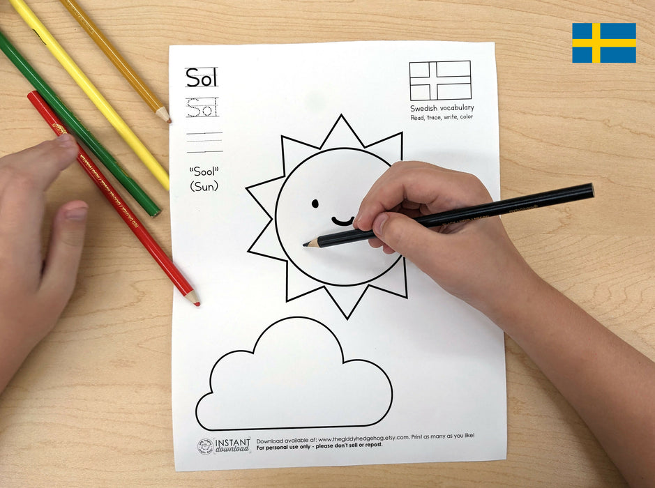 DIY Printable Swedish Summer Coloring Pages to Learn the Language of Sweden, Instant Download