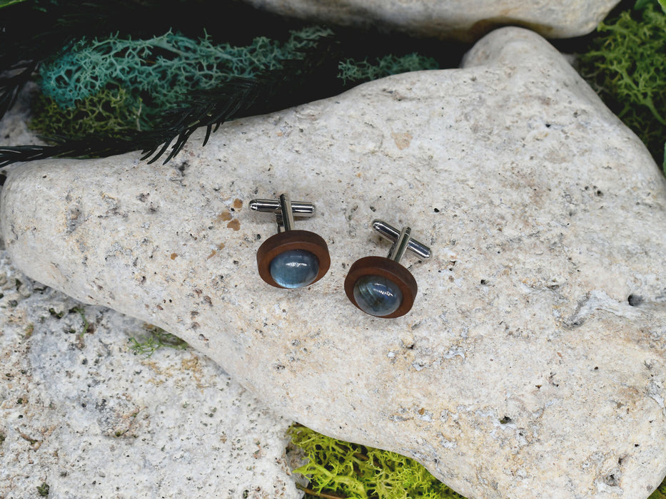 Wood Cufflinks with Labradorite Stone #175