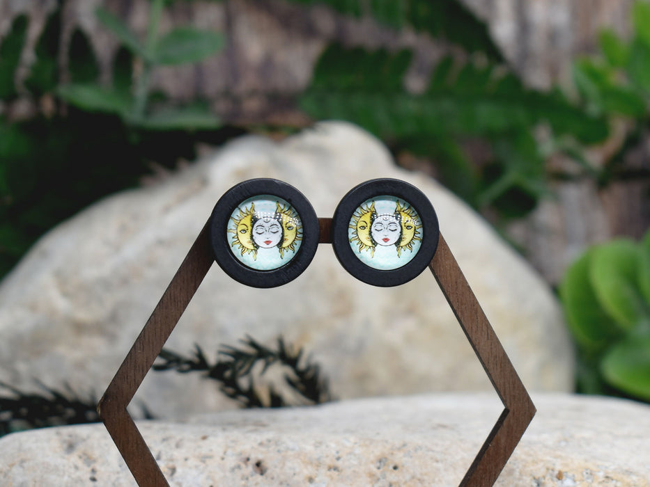 Wood Stud Earrings With Glass Cabochon #217