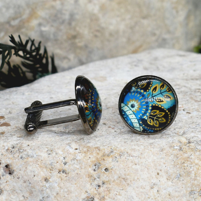Black Steel Cufflinks with Abstract Glass #216