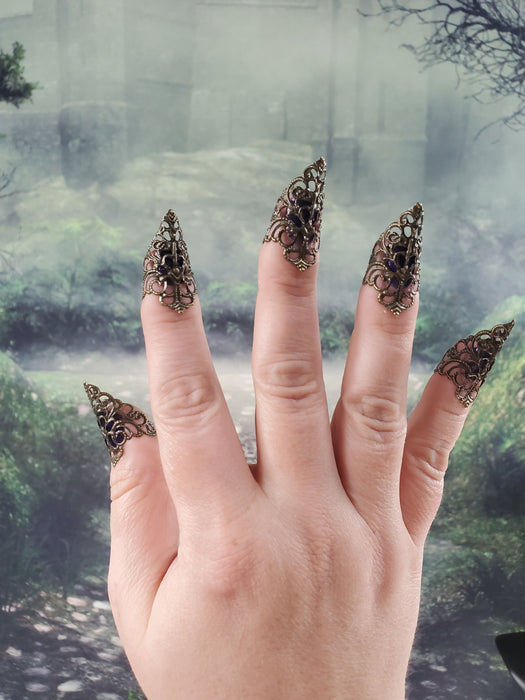 Filigree Nail Claws in Silver, Gold or Bronze - nail armor, nail tip rings, midi rings