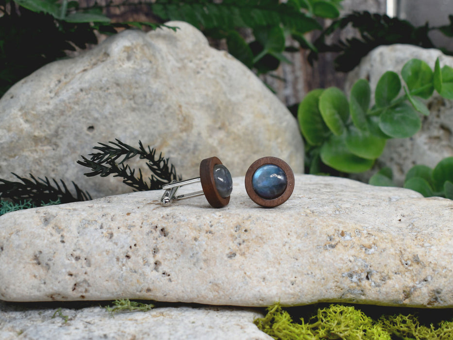 Wood Cufflinks with Labradorite Stone #174