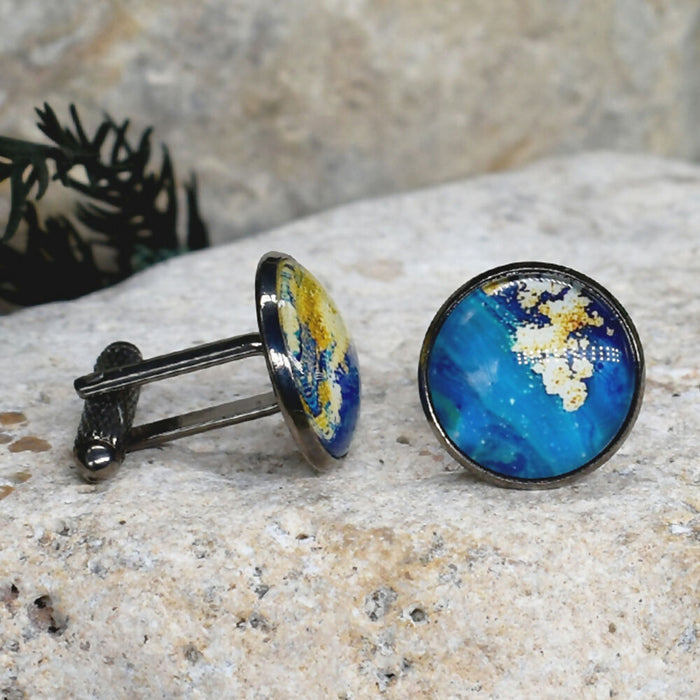 Black Steel Cufflinks with Abstract Glass #236