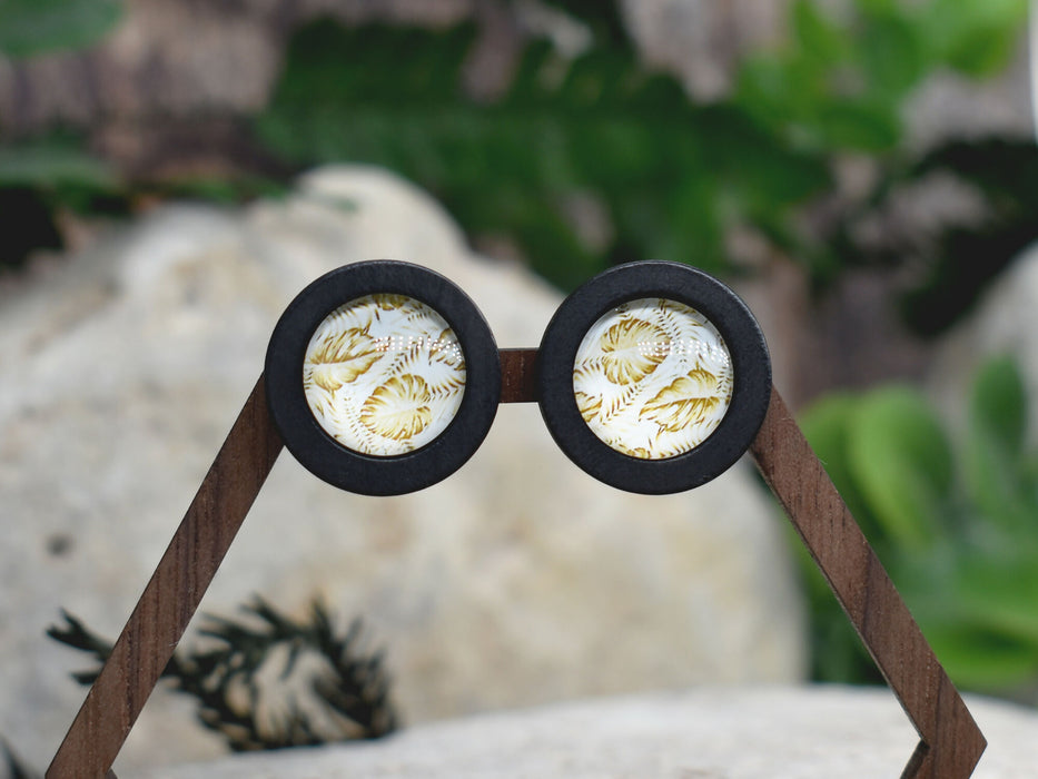 Wood Stud Earrings With Glass Monstera Cabochon #169
