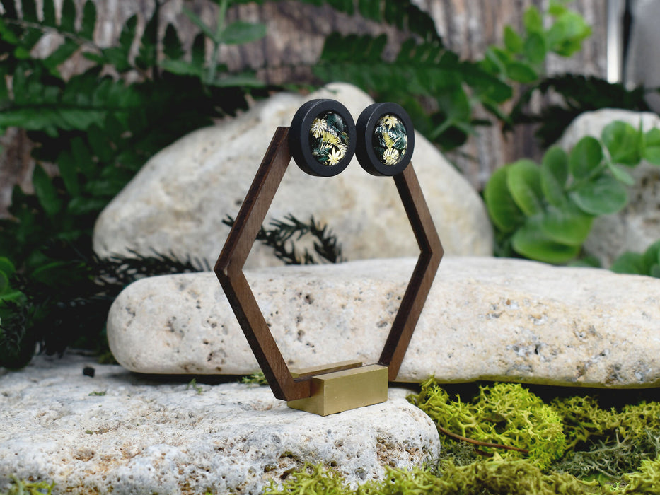 Wood Stud Earrings With Glass Tropical Cabochon #178