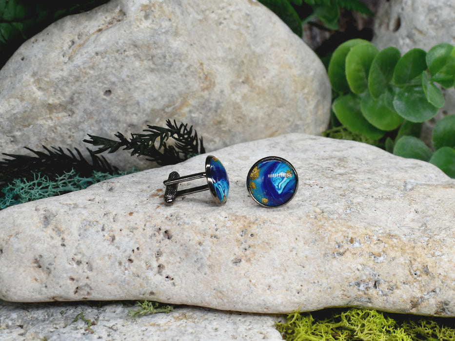 Black Steel Cufflinks with Abstract Glass #228