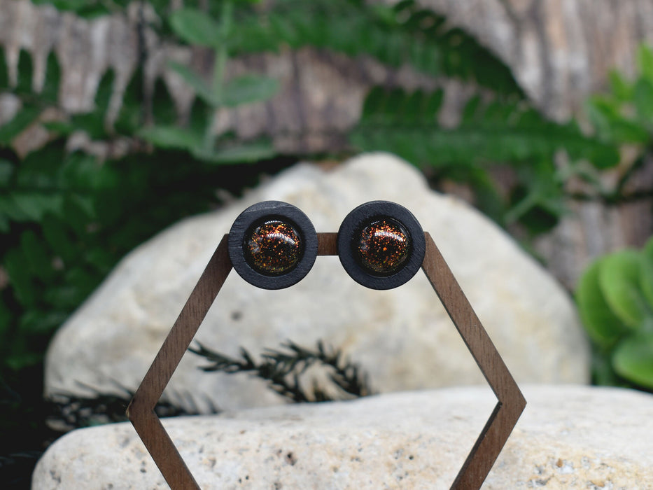 Wood Stud Earrings With Resin Chameleon Cabochon #237