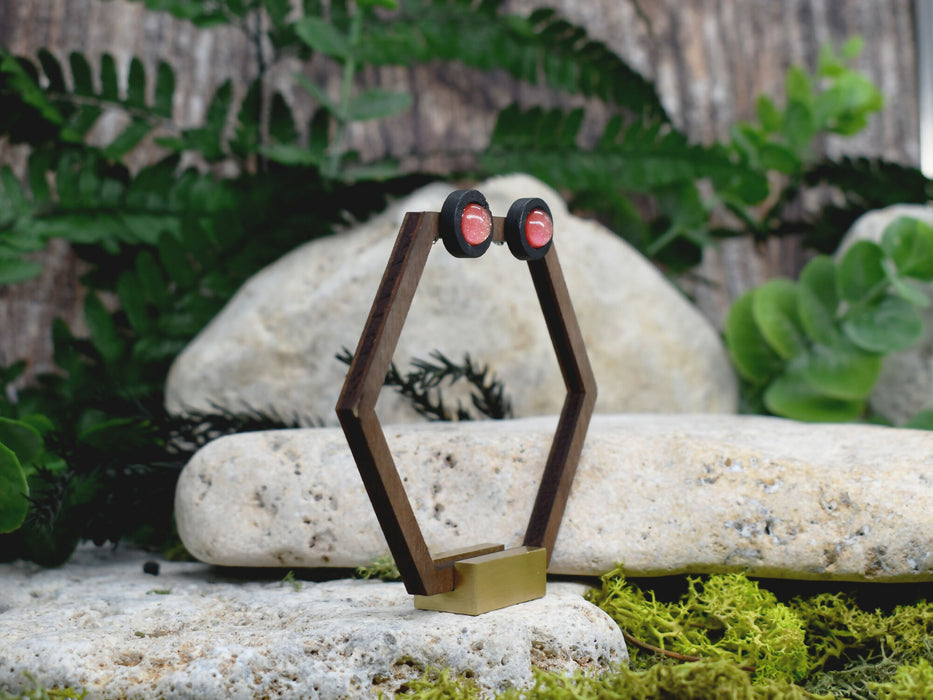 Wood Stud Earrings With Resin Chameleon Cabochon #231
