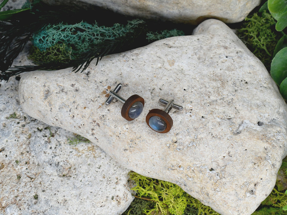 Wood Cufflinks with Labradorite Stone #174