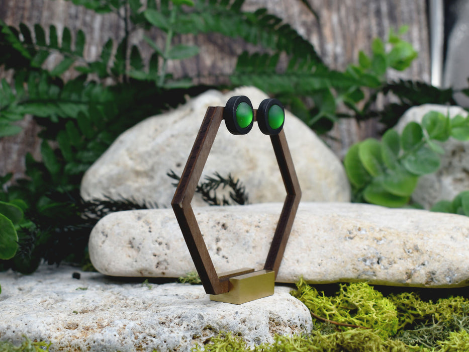 Wood Stud Earrings With Resin Chameleon Cabochon #241