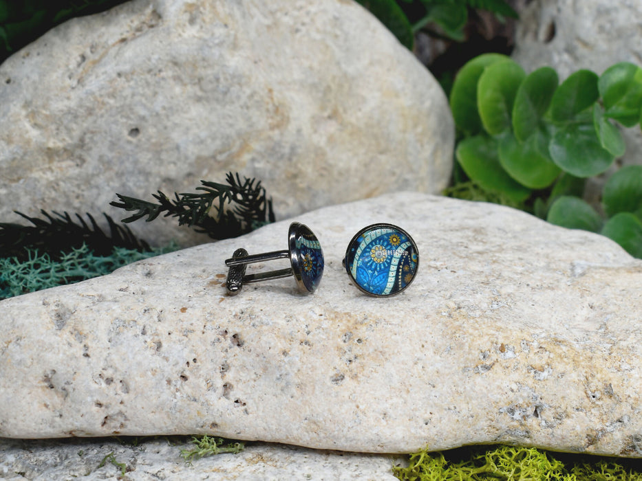 Black Steel Cufflinks with Abstract Glass #222