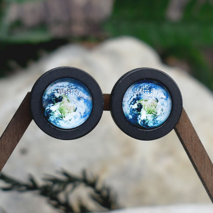 Wood Stud Earrings With Glass Earth Cabochon #205