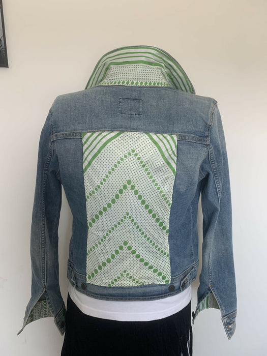 Denim jean jackets with green scarf