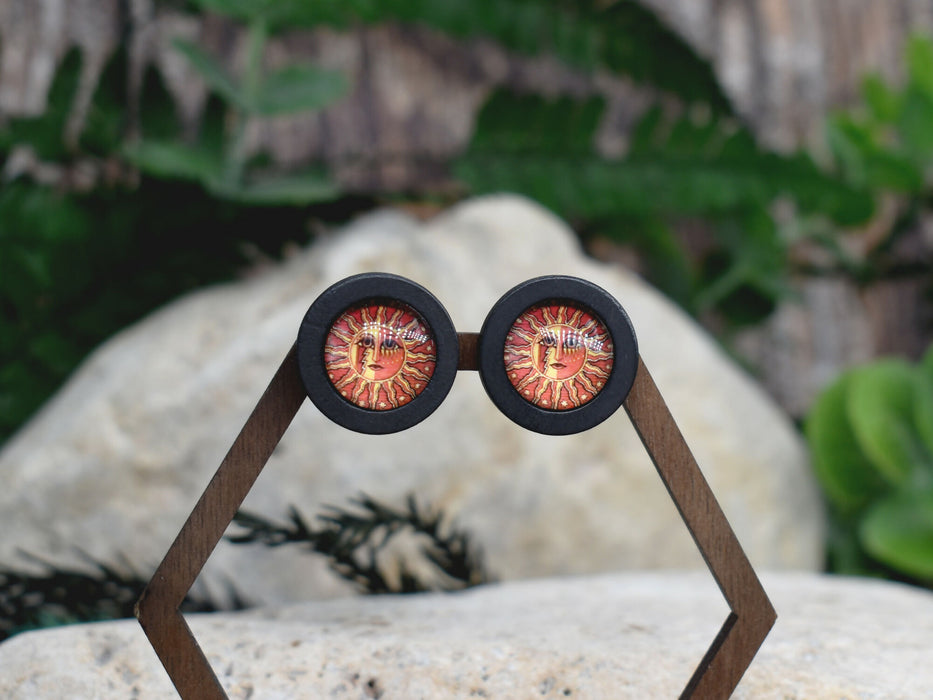 Wood Stud Earrings With Glass Sun Cabochon #187