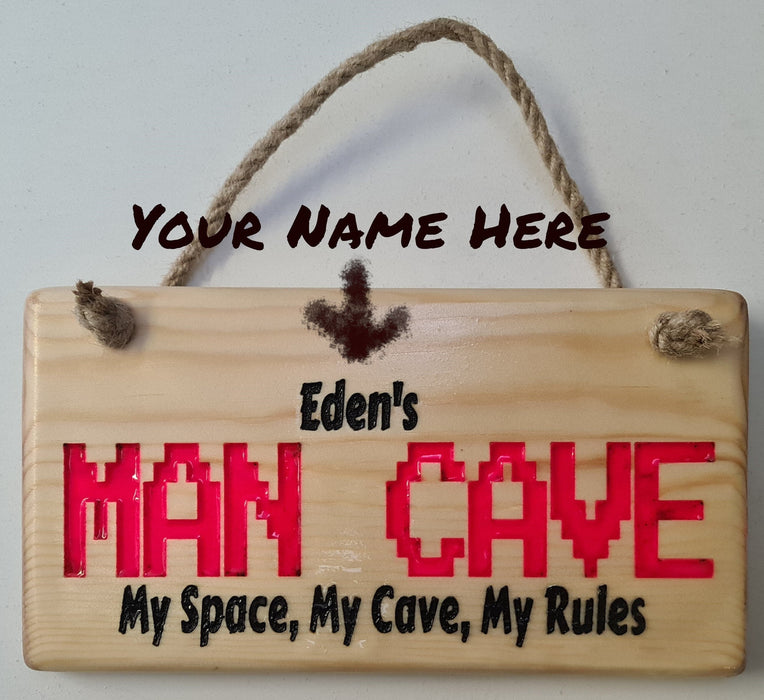 Man cave chunky engraved plaque sign, personalised, retro lettering, gift for him and his space