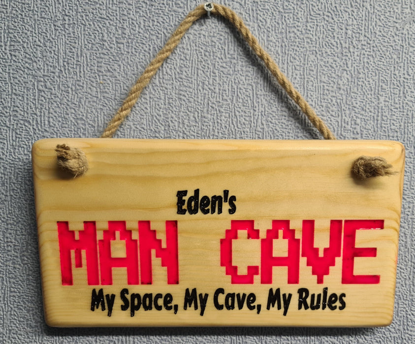 Man cave chunky engraved plaque sign, personalised, retro lettering, gift for him and his space