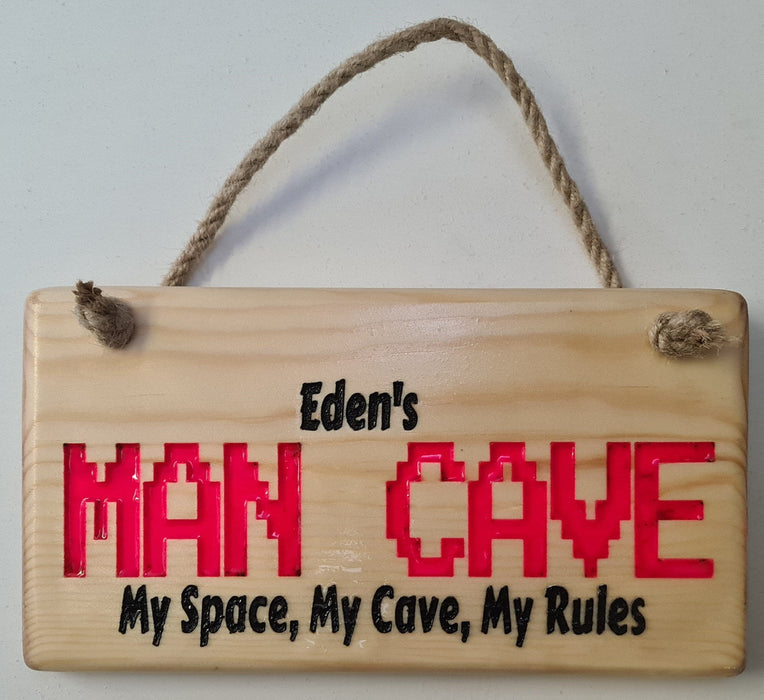 Man cave chunky engraved plaque sign, personalised, retro lettering, gift for him and his space
