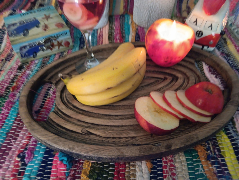 Serving tray, recessed, camping, bbq, hot tub, summer, drinks, picnic, ringed, recessed with large handles, rustic wood, anti-slip, non-slip
