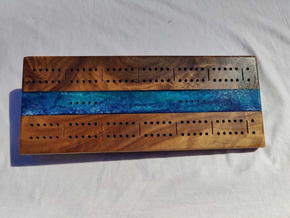 Walnut Cribbage Board With Epoxy Resin Accent • Travel Size Cribbage Board • Wood Cribbage Board