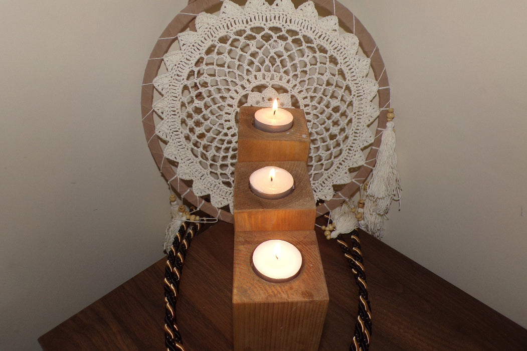 Set of three, wooden handmade stylish tea light holders, stained and lacquered, rustic table centerpiece, gift idea