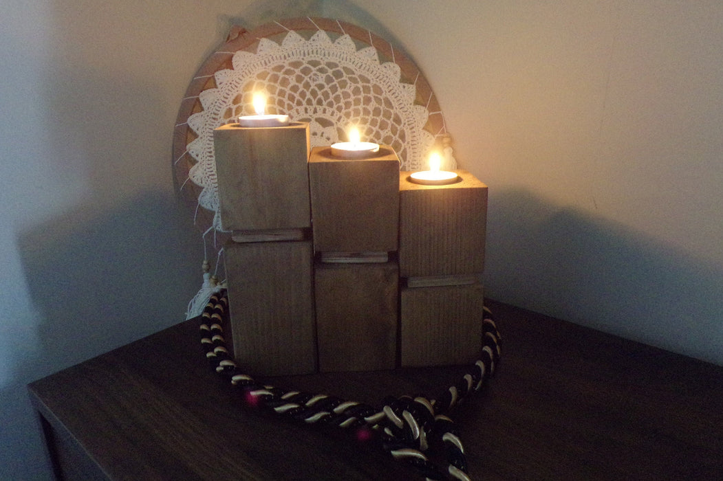 Set of three, wooden handmade stylish tea light holders, stained and lacquered, rustic table centerpiece, gift idea