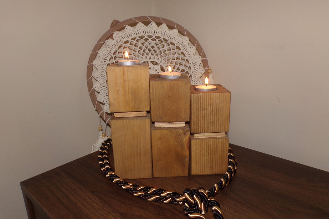 Set of three, wooden handmade stylish tea light holders, stained and lacquered, rustic table centerpiece, gift idea