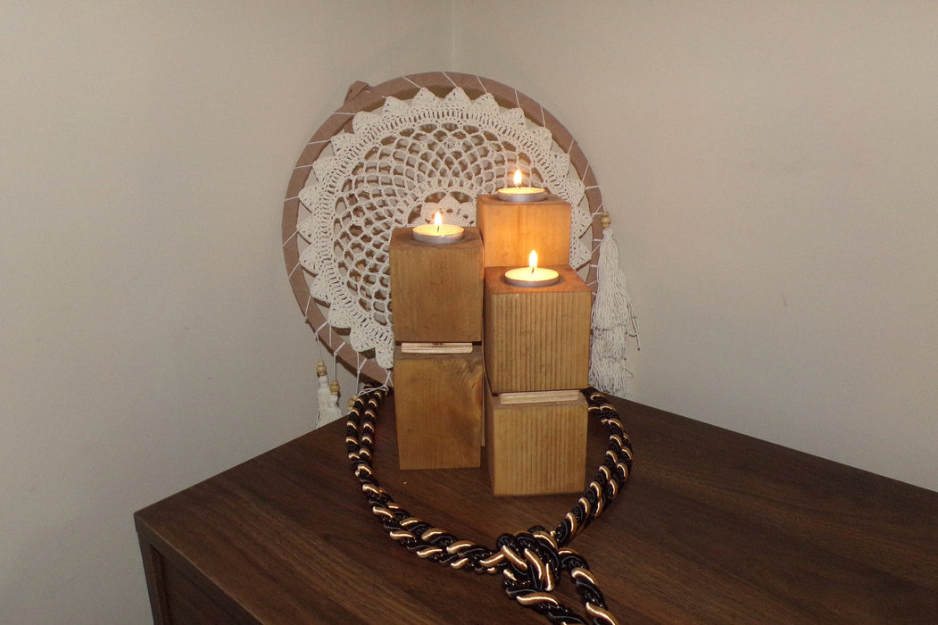 Set of three, wooden handmade stylish tea light holders, stained and lacquered, rustic table centerpiece, gift idea