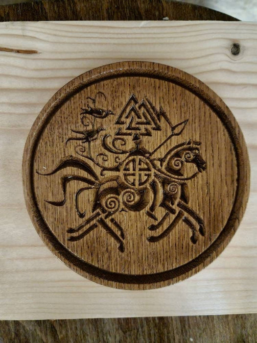 Odin borson, wodan, woden, wotan, norse mythology king of asgard riding sleipnir his 8 legged magical horse wooden wall plaque, oak or pine