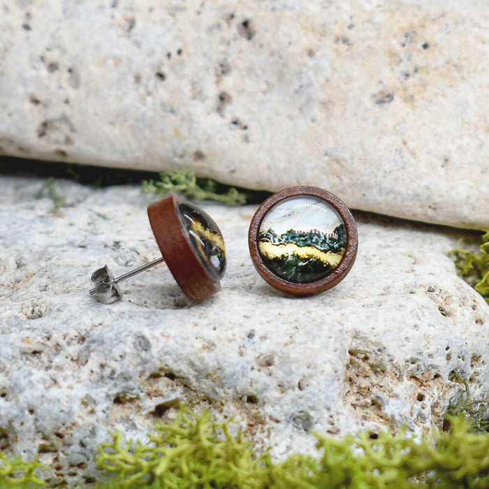 Wood Stud Earrings With Resin Cabochon #371