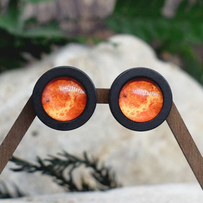Wood Stud Earrings With Glass Wenus Cabochon #174