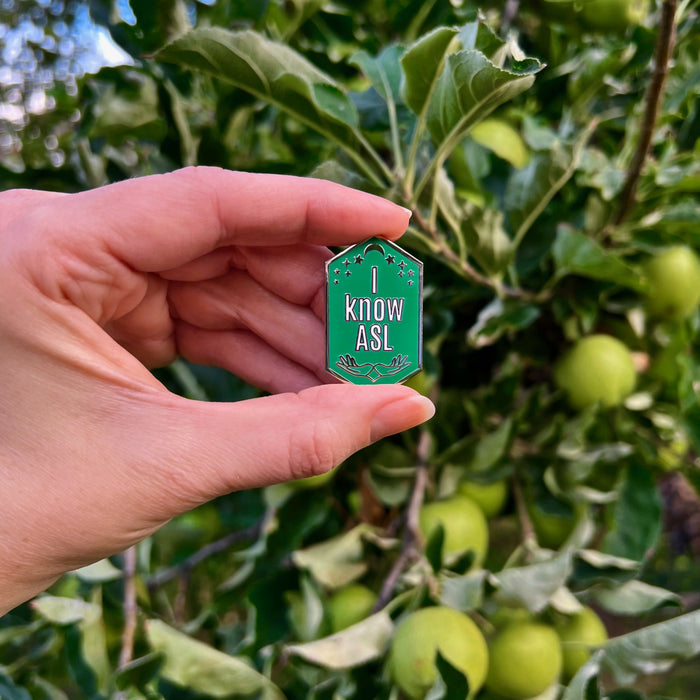 Enamel Pin: "I know ASL" ~ Jade Green with Silver ~ American Sign Language ~ Deaf, Hard of Hearing