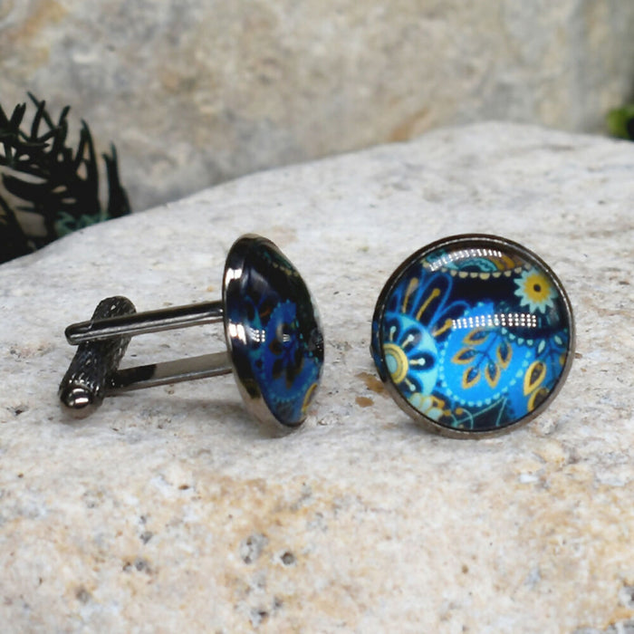 Black Steel Cufflinks with Abstract Glass #219