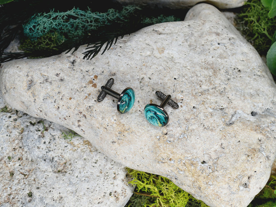 Black Steel Cufflinks with Abstract Glass #201