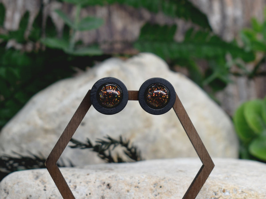 Wood Stud Earrings With Resin Chameleon Cabochon #230