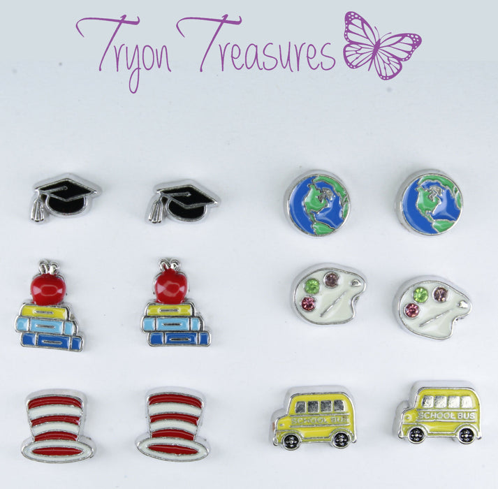Tryon_Treasures_Earrings_Magnetic_Stud_Clip_On_Hypoallergenic_Charm_Animal_Teacher_Appreciation_Apple_Books_Graduation_School_Bus_Earth