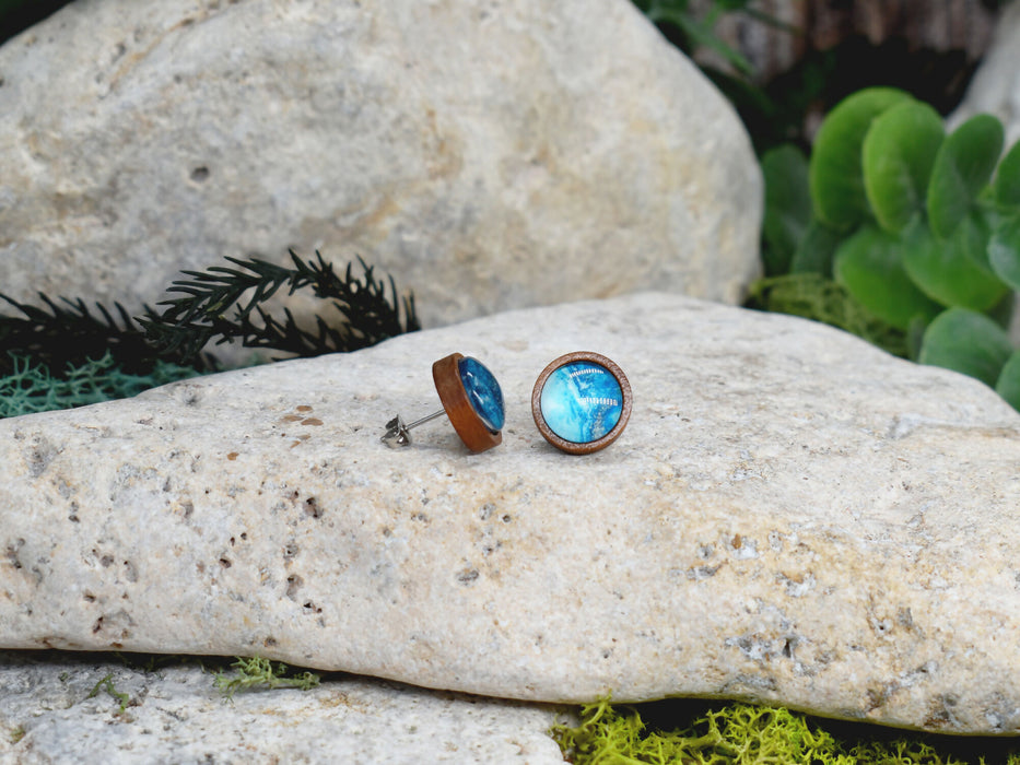 Wood Stud Earrings With Resin Cabochon #378