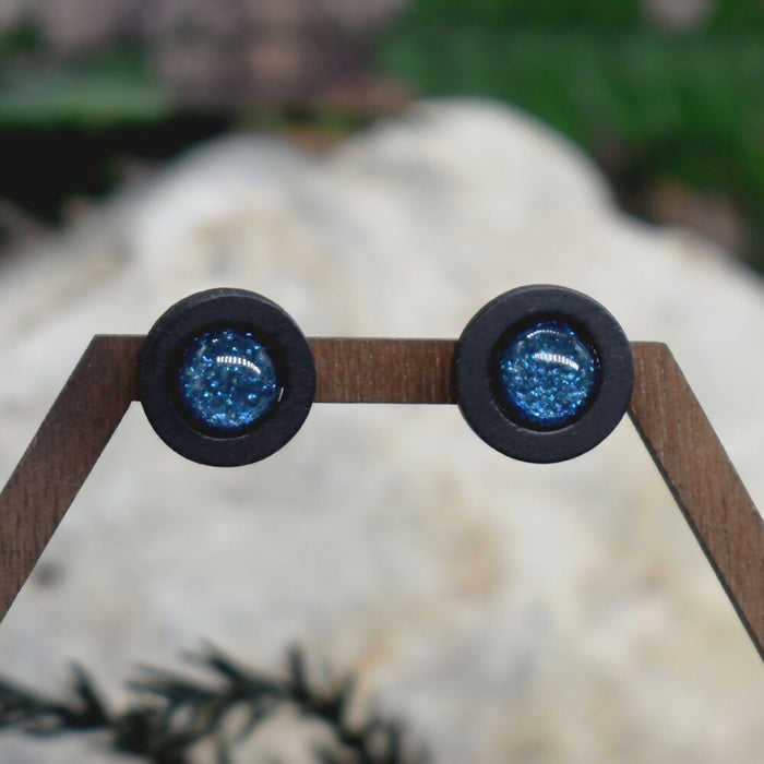 Wood Stud Earrings With Resin Chameleon Cabochon #225