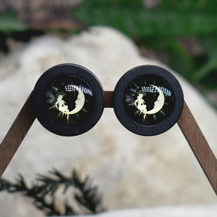 Wood Stud Earrings With Glass Cabochon #216