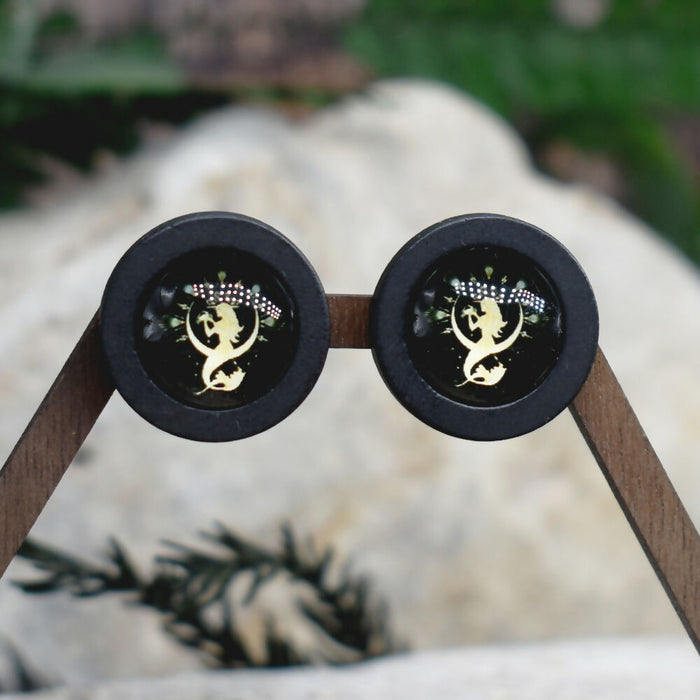 Wood Stud Earrings With Glass Cabochon #221