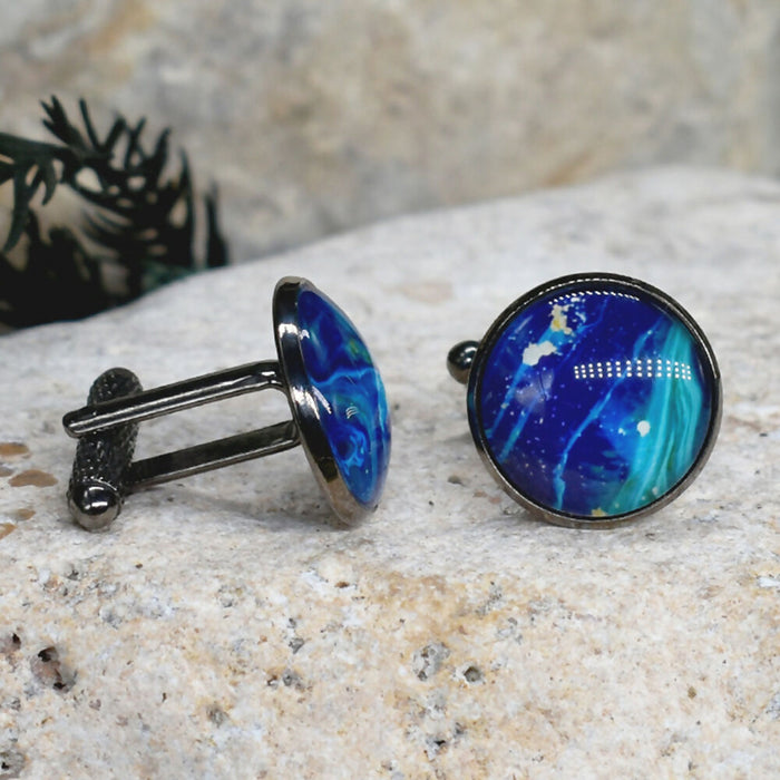 Black Steel Cufflinks with Abstract Glass #235