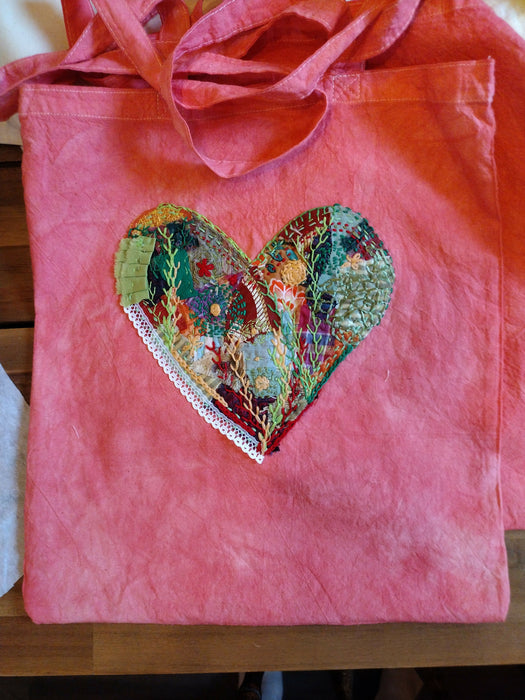 Hand embroidered tote bag - Crazy Quilt Heart Collection