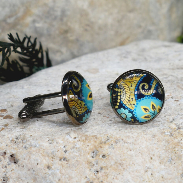 Black Steel Cufflinks with Abstract Glass #218