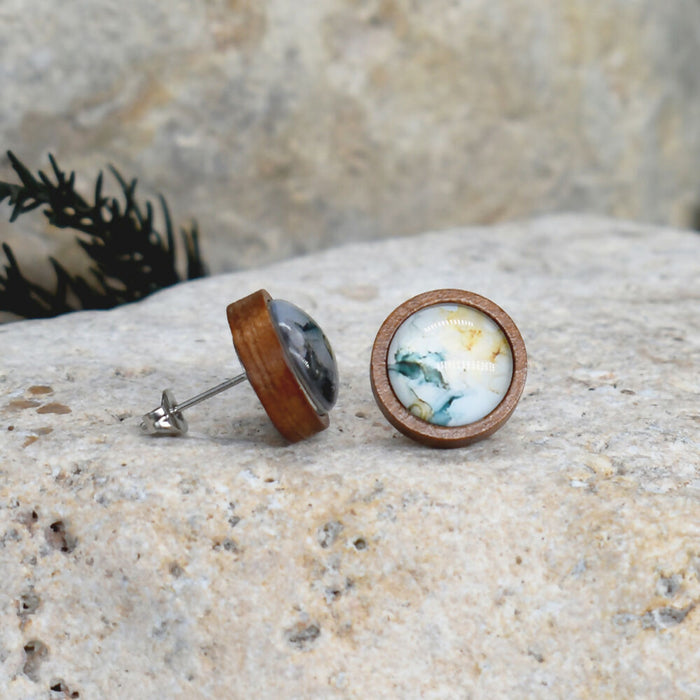 Wood Stud Earrings With Resin Cabochon #370