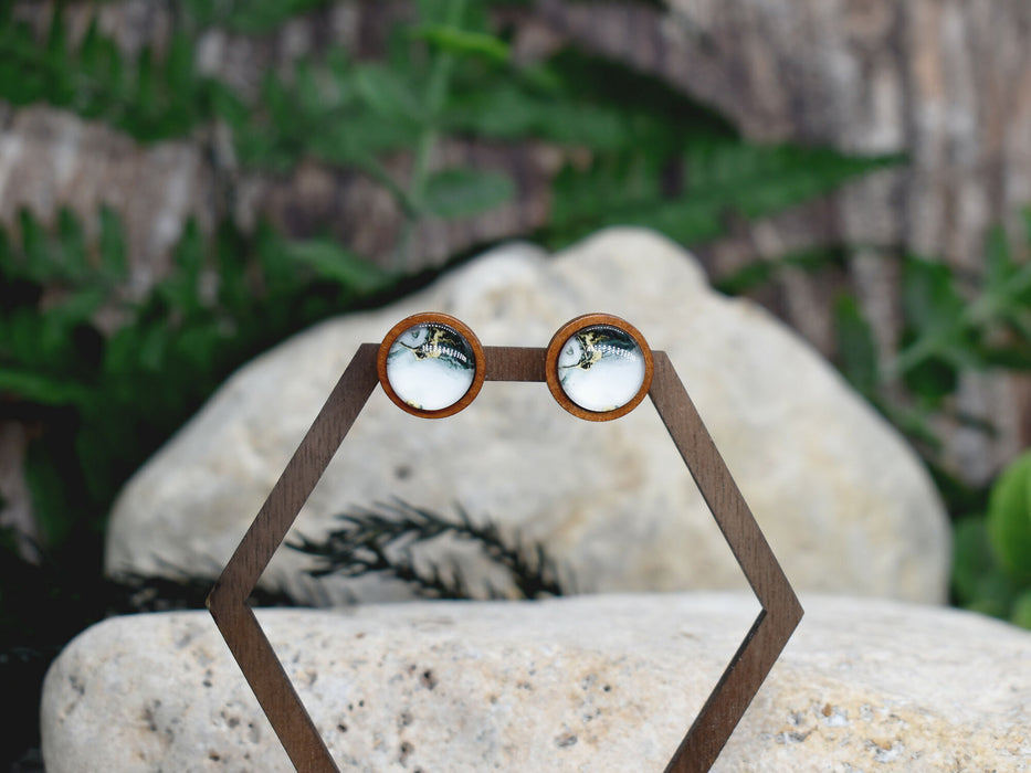 Wood Stud Earrings With Resin Cabochon #364