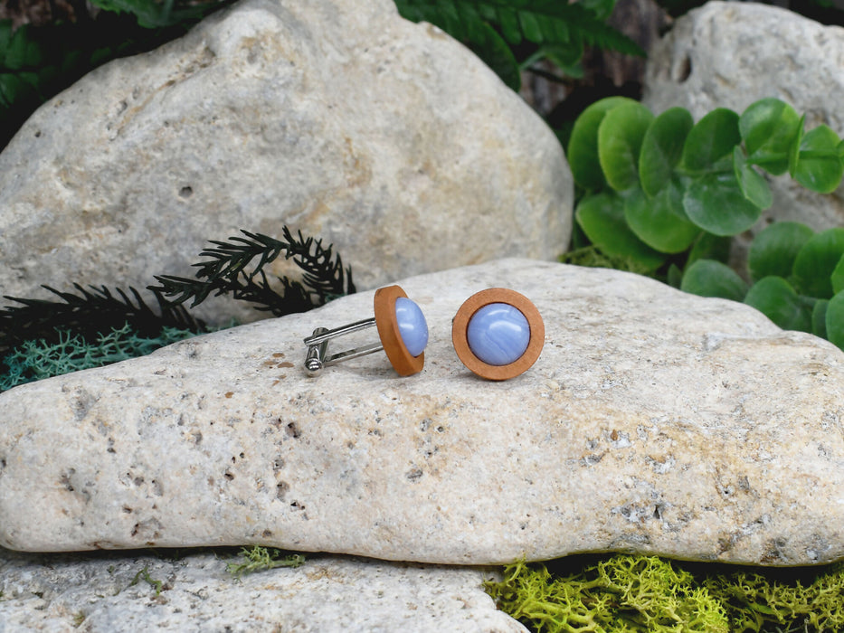 Wood Cufflinks with Blue Agate Stone #189
