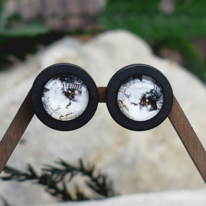 Wood Stud Earrings With Glass Cabochon #236