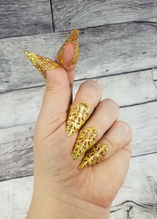 Filigree Nail Claws in Silver, Gold or Bronze - nail armor, nail tip rings, midi rings