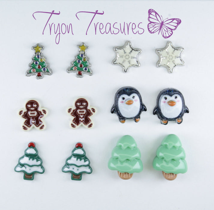Tryon_Treasures_Earrings_Magnetic_Stud_Clip_On_Hypoallergenic_Resin_Charm_Holiday_Christmas_Tree_Snowflake_Gingerbread_Penguin